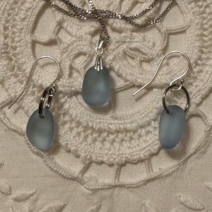 ARTISAN Smoky Blue Sea Glass Pendant Sterling Silver Necklace and Earrings Set